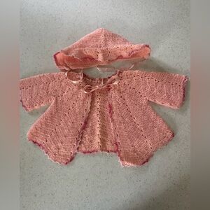Handmade Knit Peach & Pink  Newborn Baby Girl Jacket & Bonnet.